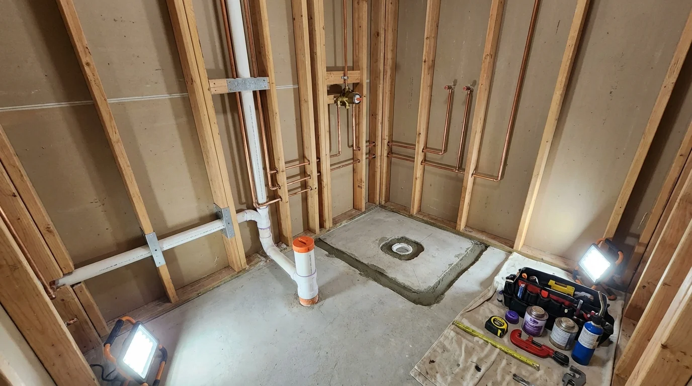 Bathroom rough-in plumbing during remodel by Johns Plumbing LLC in South Amboy