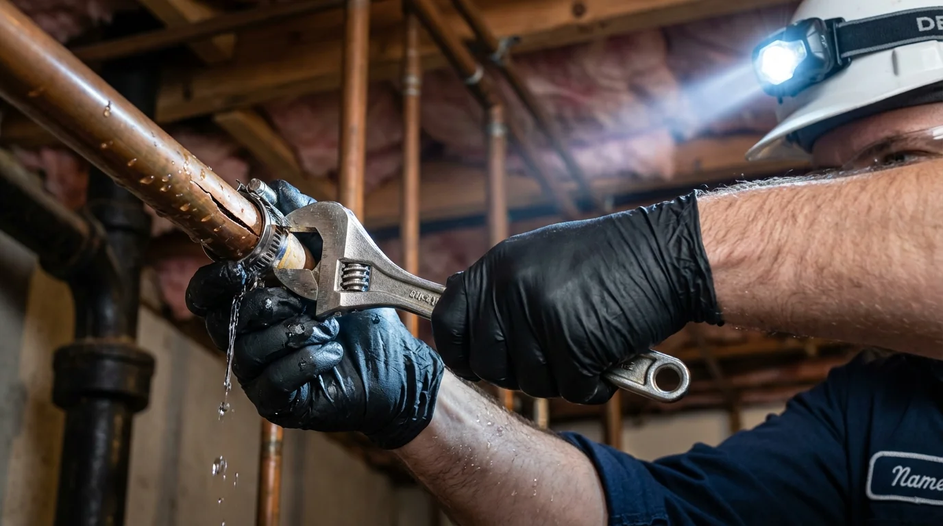 Emergency pipe clamp repair being performed by a Johns Plumbing LLC plumber in South Amboy