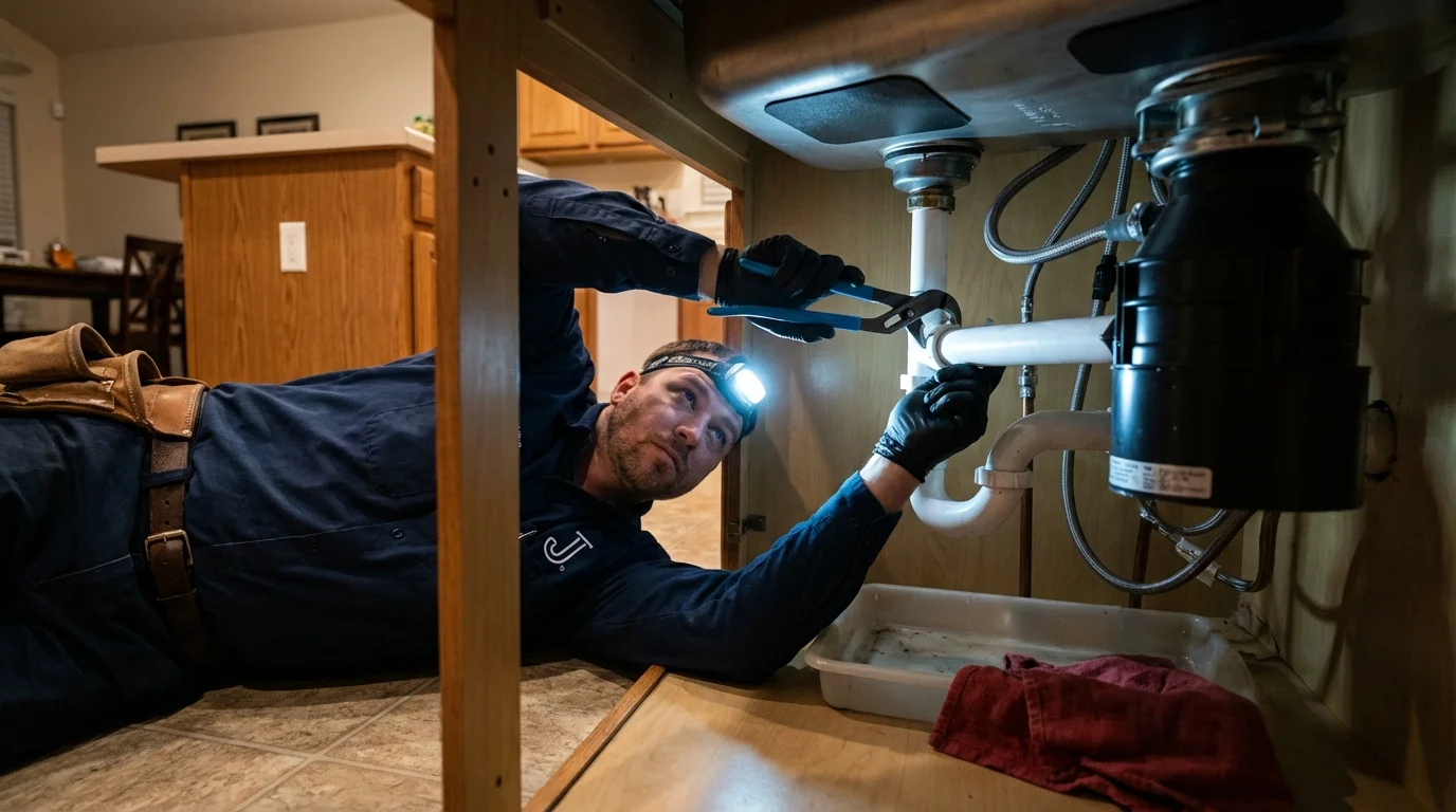 P-trap and supply line connections under a kitchen sink showing a common leak point in South Amboy, NJ